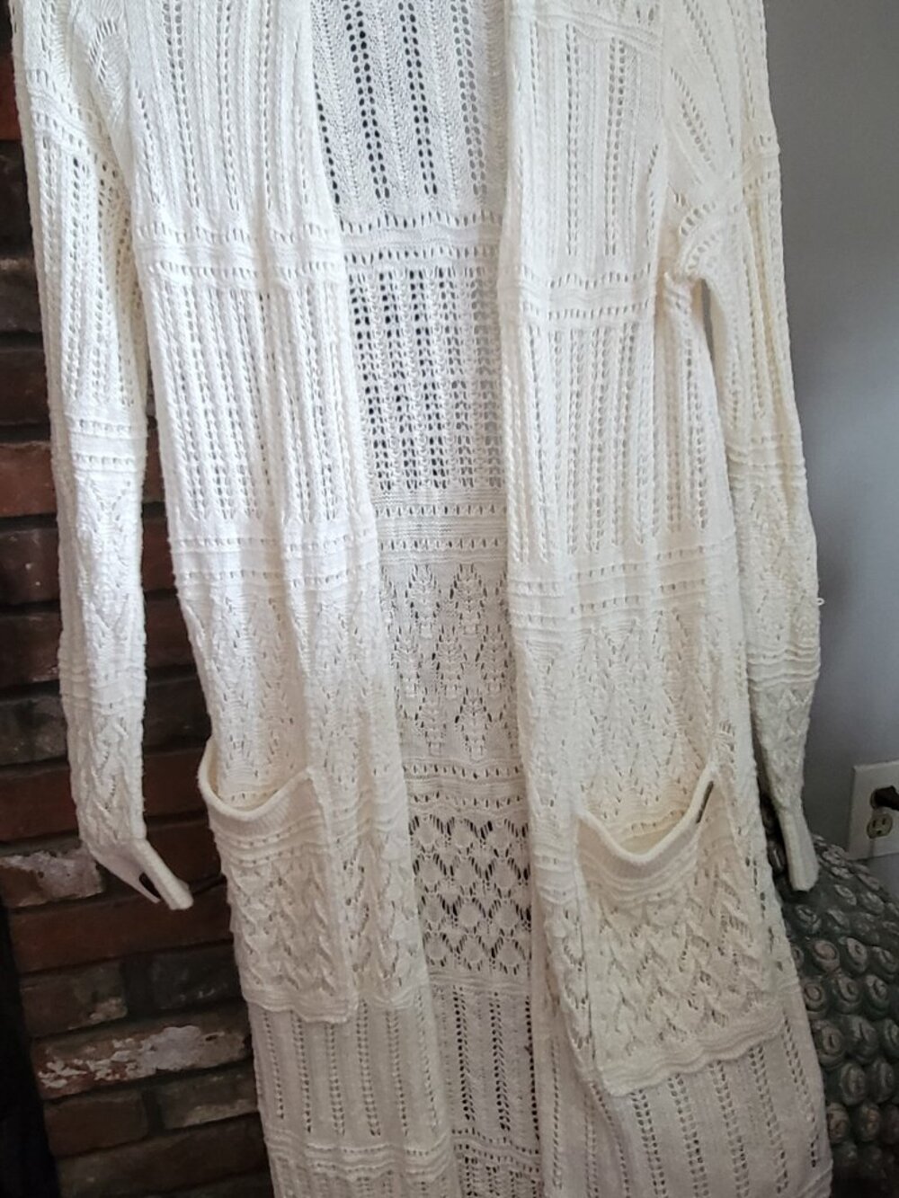 Abercrombie & Fitch Ivory Crochet Open Knit Duster Cardigan Boho Pockets